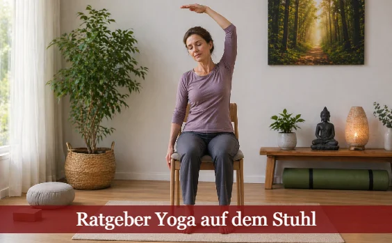 Frau bei Yoga auf dem Stuhl im Wohnzimmer