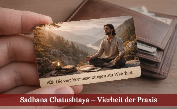Hand hält Karte mit meditierendem Mann. Text: Die vier Voraussetzungen der Wahrheit, Sadhana Catushtaya - Vierheit der Praxis