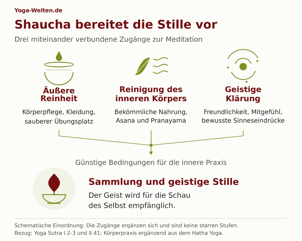 Äußere Reinheit, innere körperliche Reinigung und geistige Klärung unterstützen Sammlung und Stille und bereiten auf die Schau des Selbst vor.