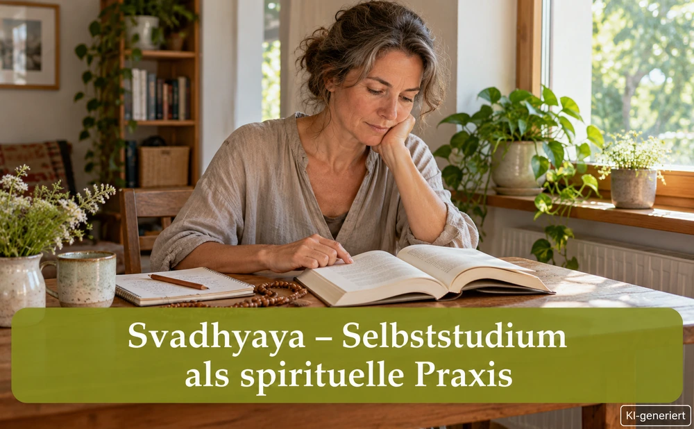 Frau beim Lesen alter Yogaschriften. Text: Svadhyaya: Selbststudium als spirituelle Praxis