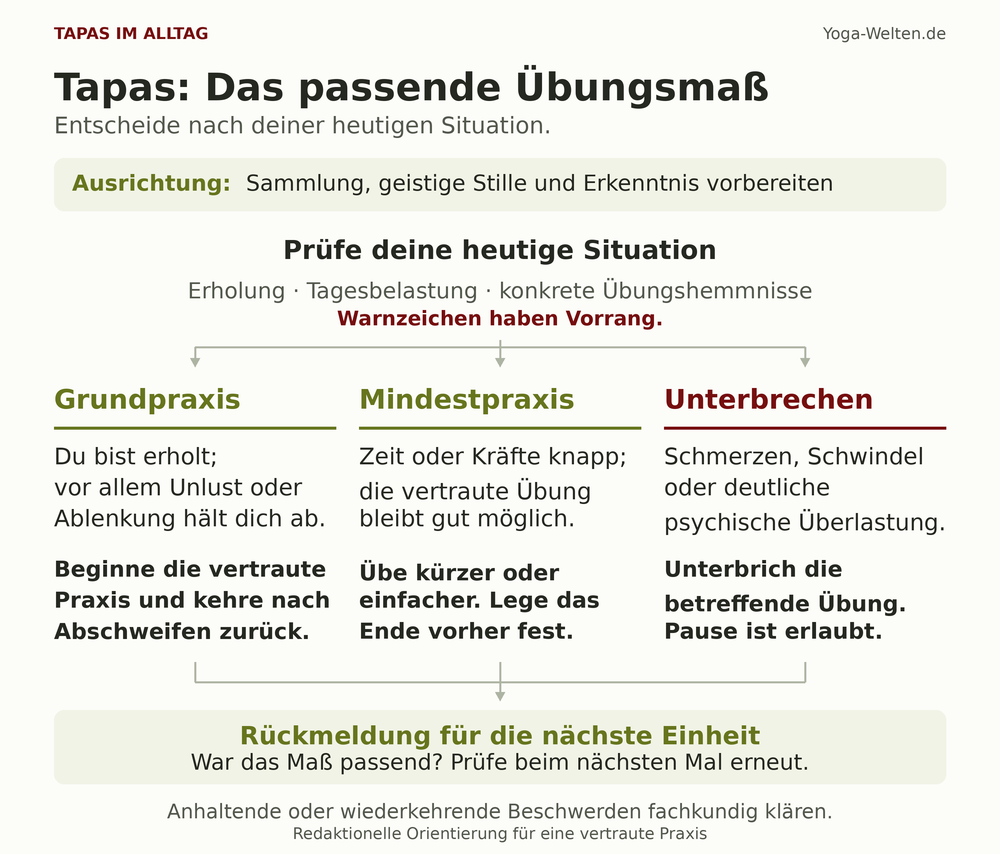Entscheidungshilfe zur Wahl von Grundpraxis, Mindestpraxis oder Unterbrechen anhand von Erholung, Tagesbelastung und Warnzeichen; Rückmeldung hilft, die nächste Einheit anzupassen.