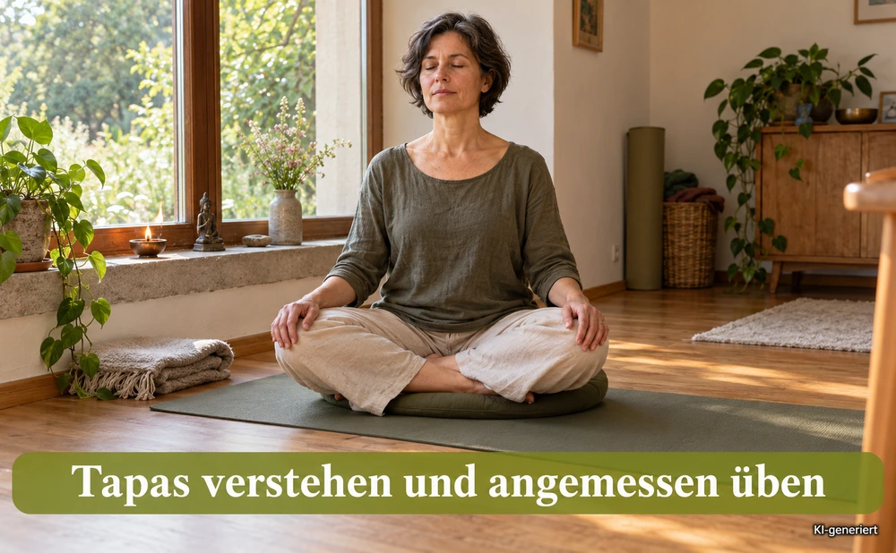 Frau in Meditation, Text: Tapas verstehen und angemessen üben