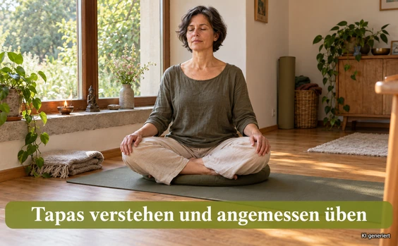 Frau in Meditation, Text: Tapas verstehen und angemessen üben