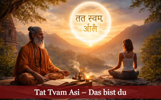 Yogi und Frau meditierend vor Bergen, in der Mitte eine Lichtblase mit Sanskrit. Text: Tat Tvam Asi - das bist du