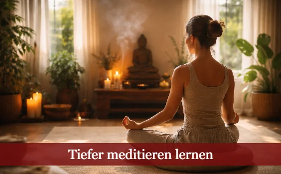 Frau beim Meditieren im Wohnzimmer. Text: Tiefer meditieren lernen