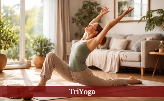 Frau im Wohnzimmer beim Triyoga. Text: TriYoga