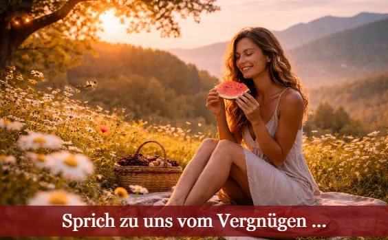 Eine Frau sitzt auf einer Bergwiese bei Sonnenschein und genießt eine Wassermelone. Text: Sprich zu uns vom Vergnügen ...