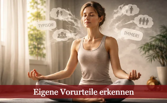 Frau in Meditation mit Vorurteilen im Kopf. Text: Eigene Vorurteile erkennen