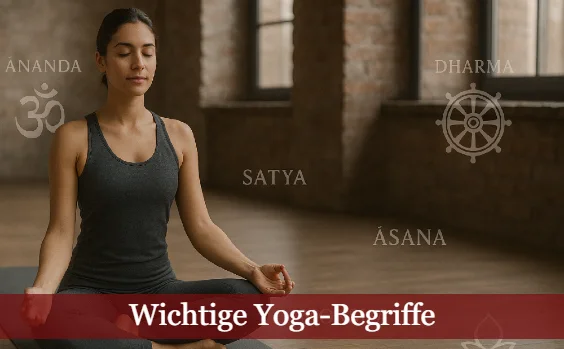 Meditierende Frau, um sie herum Yoga-Begriffe