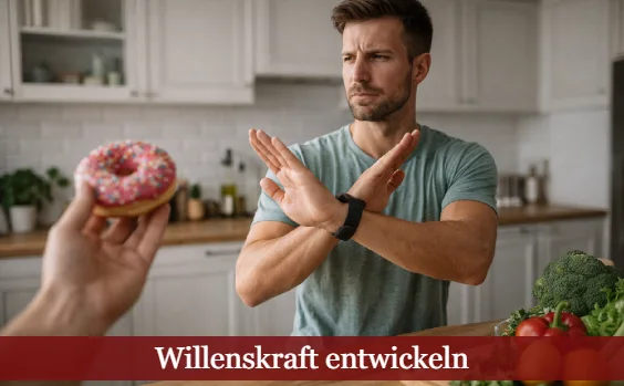 Mann sagt nein zum Donut, vor ihm liegt gesundes Essen. Text: Willenskraft entwickeln