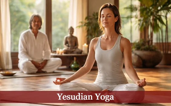 Meditierende Frau in Kursraum. Text: Yesudian Yoga