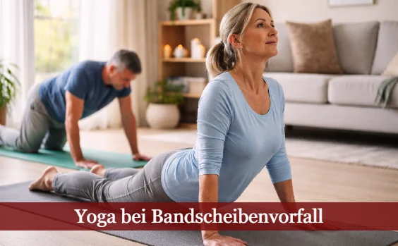Frau und Mann üben im Wohnzimmer Yoga. Text: Yoga bei Bandscheibenvorfall