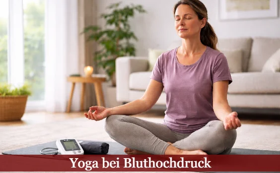 Frau beim Yoga im Wohnzimmer mit Blutdruckmessgerät. Text: Yoga bei Bluthochdruck
