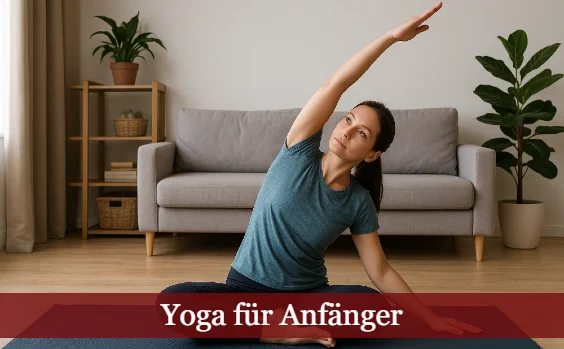 Frau übt Yoga im Wohnzimmer, Text: Yoga für Anfänger