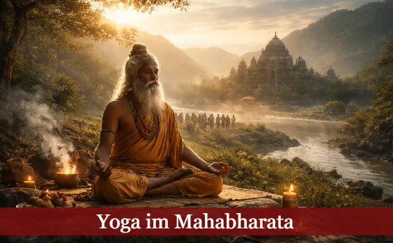 Alter Yogi meditiert mit Blick auf ein Tal und eine alte indische Stadt. Text: Yoga im Mahabharata