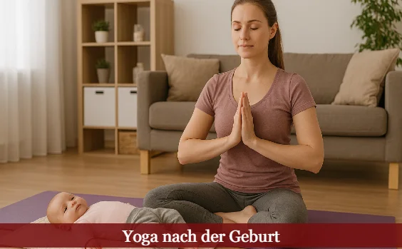 Mutter meditiert mit Baby im Wohnzimmer auf einer Matte. Text: Yoga nach der Geburt