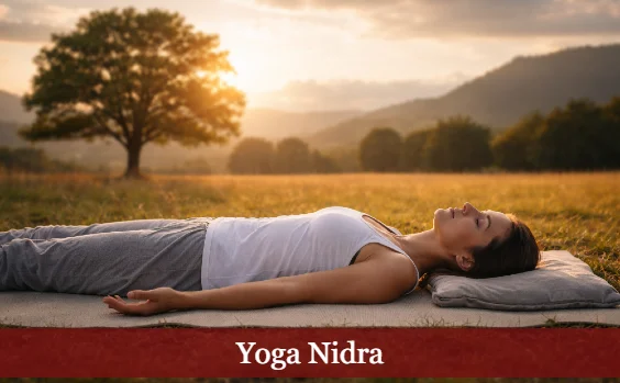 Frau macht auf einer Wiese bei Sonnenuntergang Yoga Nidra. Text: Yoga Nidra