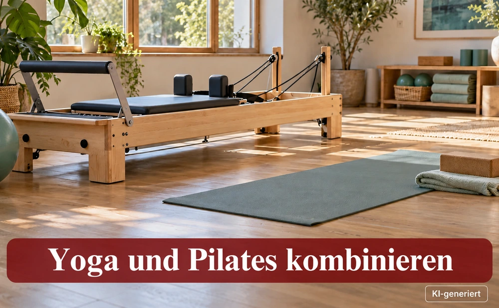 Pilates Reformer und Yogamatte nebeneinander