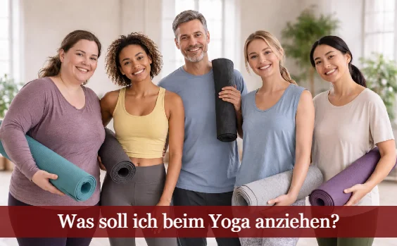 Eine Gruppe von Menschen in Yogakleidung mit Yogamatten. Text: Was soll ich beim Yoga anziehen?