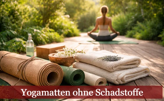 Frau auf Yogamatte vor Wald. Text: Yogamatten ohne Schadstoffe