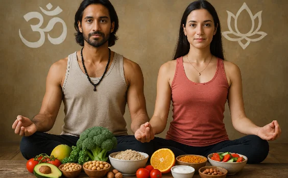 Yogi und Yogini mit gesundem Essen vor sich
