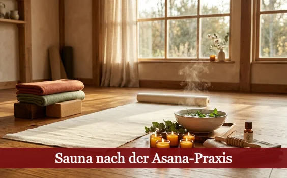 Yogaraum mit Matte und Kerzen. Text: Sauna nach der Asana-Praxis