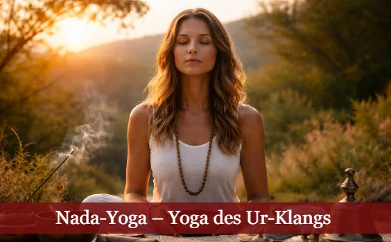 Frau beim Meditieren im Sonnenuntergang. Text: Nada Yoga – Yoga des Ur-Klangs
