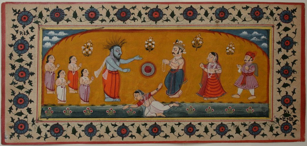 Das Sudarshana Chakra (Zentrum) zwischen Durvasa (unmittelbar links) und Ambarisha (unmittelbar rechts).